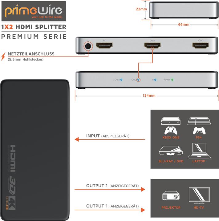 Immagine prodotto Primewire Sdoppiatore, switcher, distributore HDMI 4K UHD 2160p 4K 30Hz, Full HD, CEC, HDCP, 3D Ready, Deep