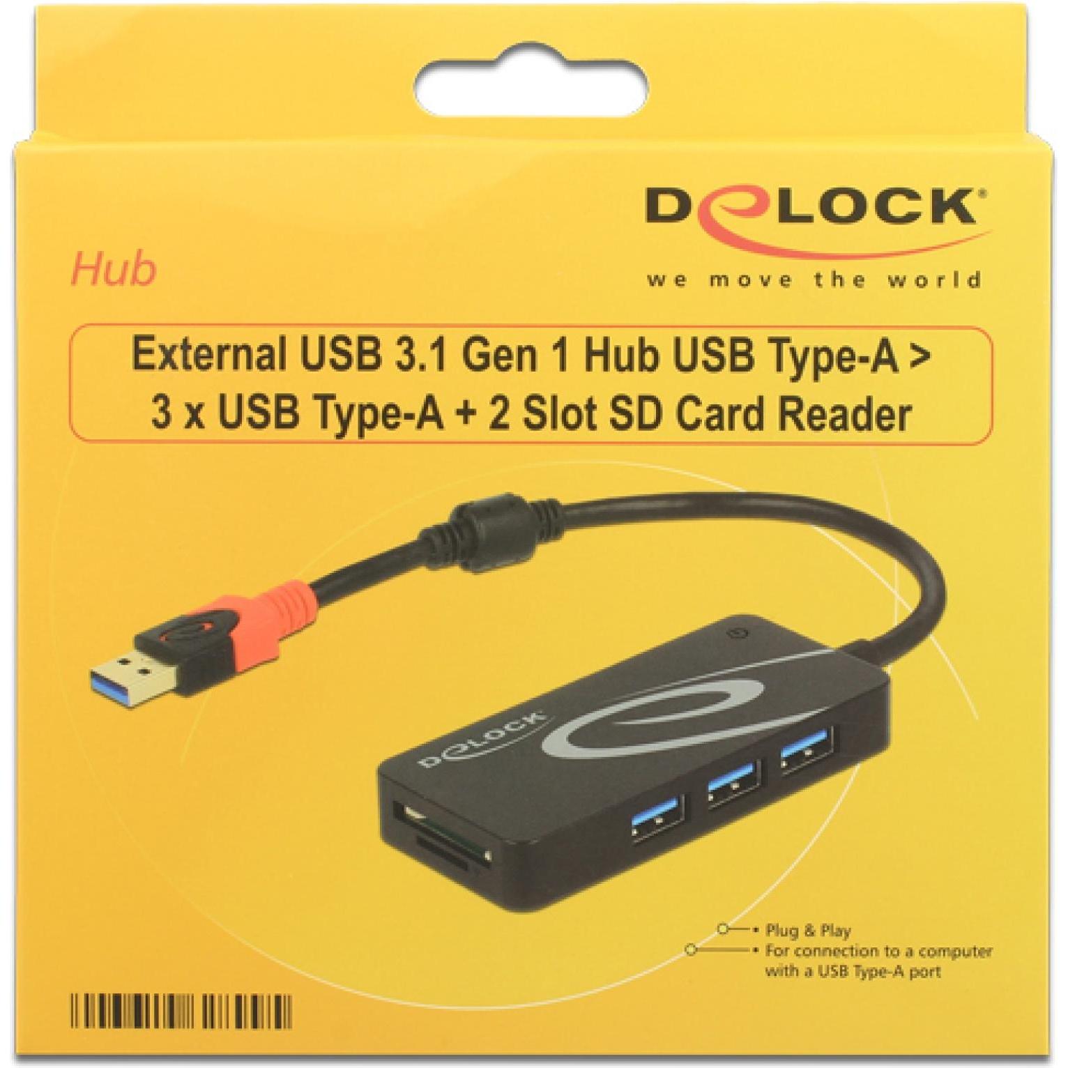 Thumbnail - Delock USB 3.1 Hub Gen 1 Hub USB Typ-A (USB-A, 3 Ports), Dockingstation + USB Hub, Schwarz