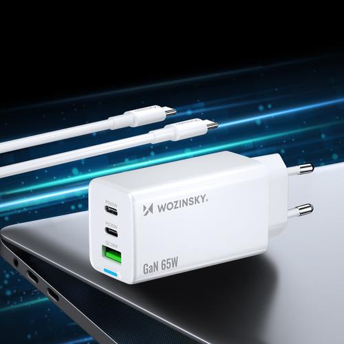 Produktbild Wozinsky GaN 65W Ladegerät mit 2xUSB-C USB-Anschlüssen mit 65W CC-Kabel - Weiss (65 W, 3 Ports)