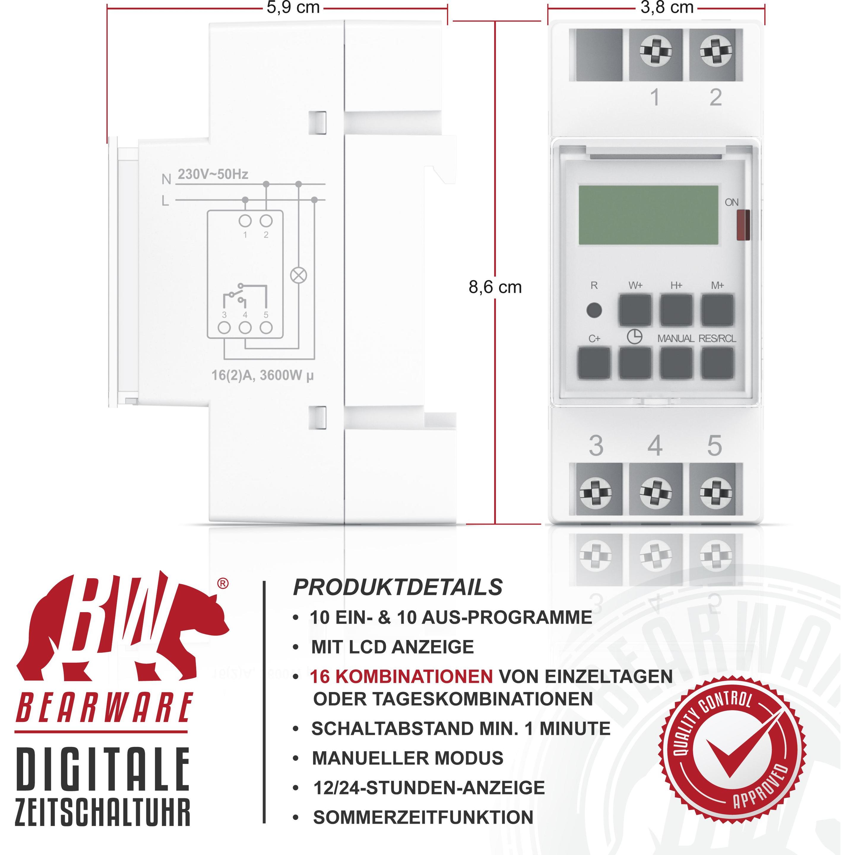 Thumbnail - Bearware, Zeitschaltuhr, Zeitschaltuhr digital für DIN Hutschienen im Verteilerschrank / Schalttafeln, LCD Display, 16A/...