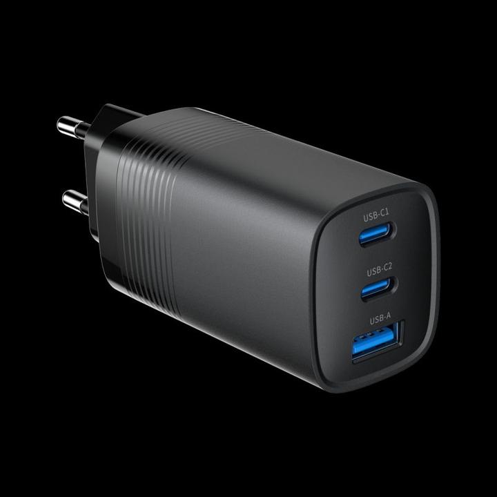 Actual product image Gembird Power Delivery Charger 1xA 2xC GaN Black (65 W, 3 ports)