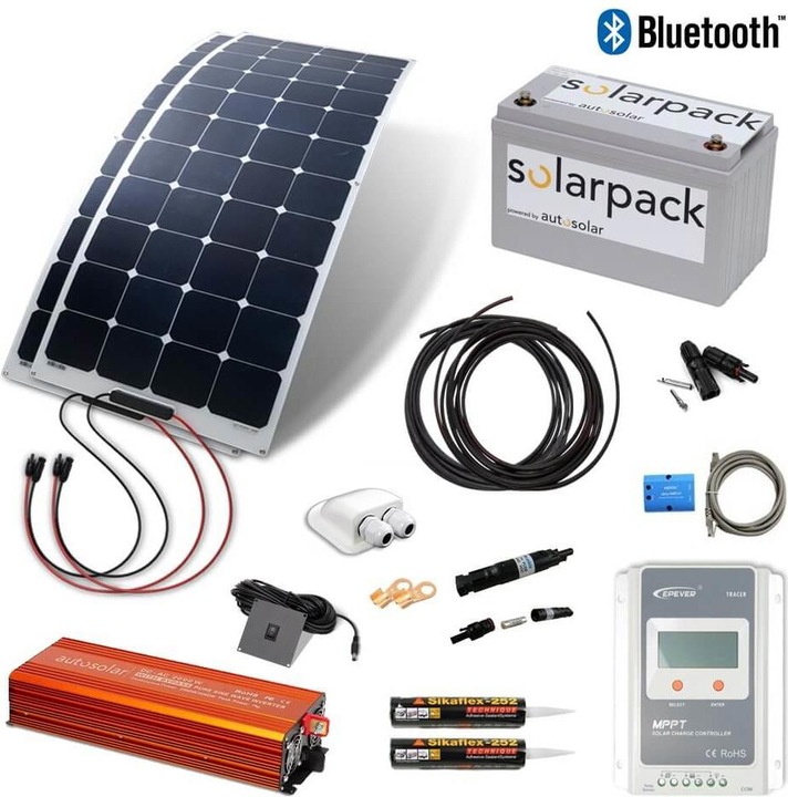Immagine prodotto Autosolar Pacchetto completo 330W flessibile con batteria al litio 105Ah e inverter 2000W con materiale di (300 W)