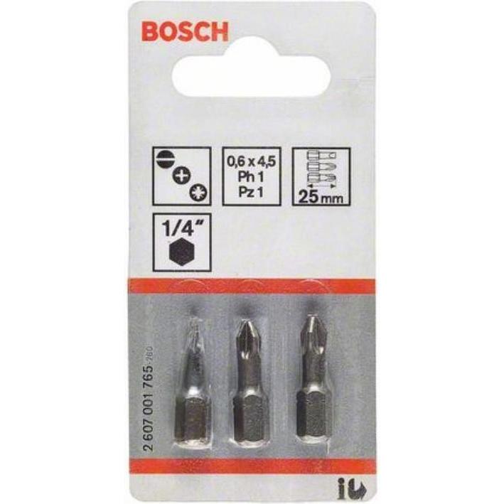 Thumbnail - Bosch Professional Zubehör, Bits, Schrauberbit-Set Extra-Hart (gemischt), 3-teilig, S 0,6x4,5, PH1, PZ1, 25 mm (Kreuz Ph...