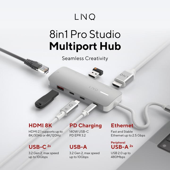 Actual product image LINQ Connects 8in1 8K PRO USB-C Multiport Hub 140W (USB-C, 8 Ports)