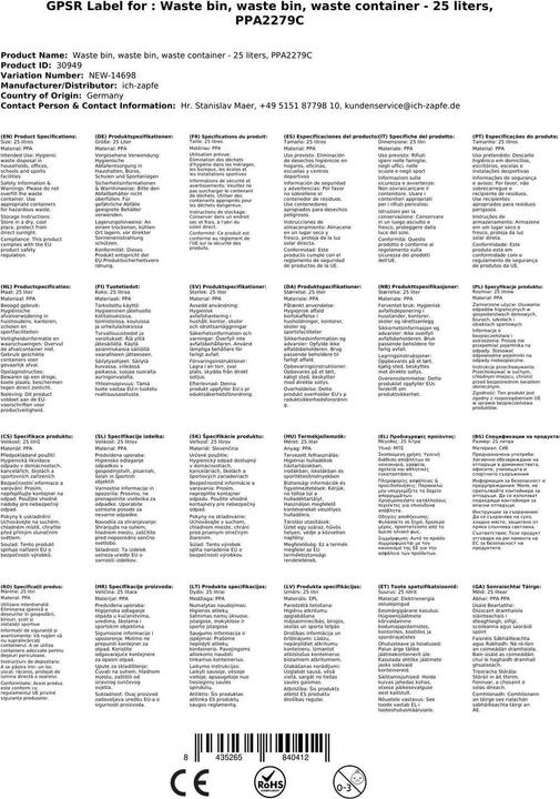 Image du produit Valera All Care Mediclinics Poubelle noire 25 L ouverte avec anneau intérieur et 4 pieds en plastique (25 l)