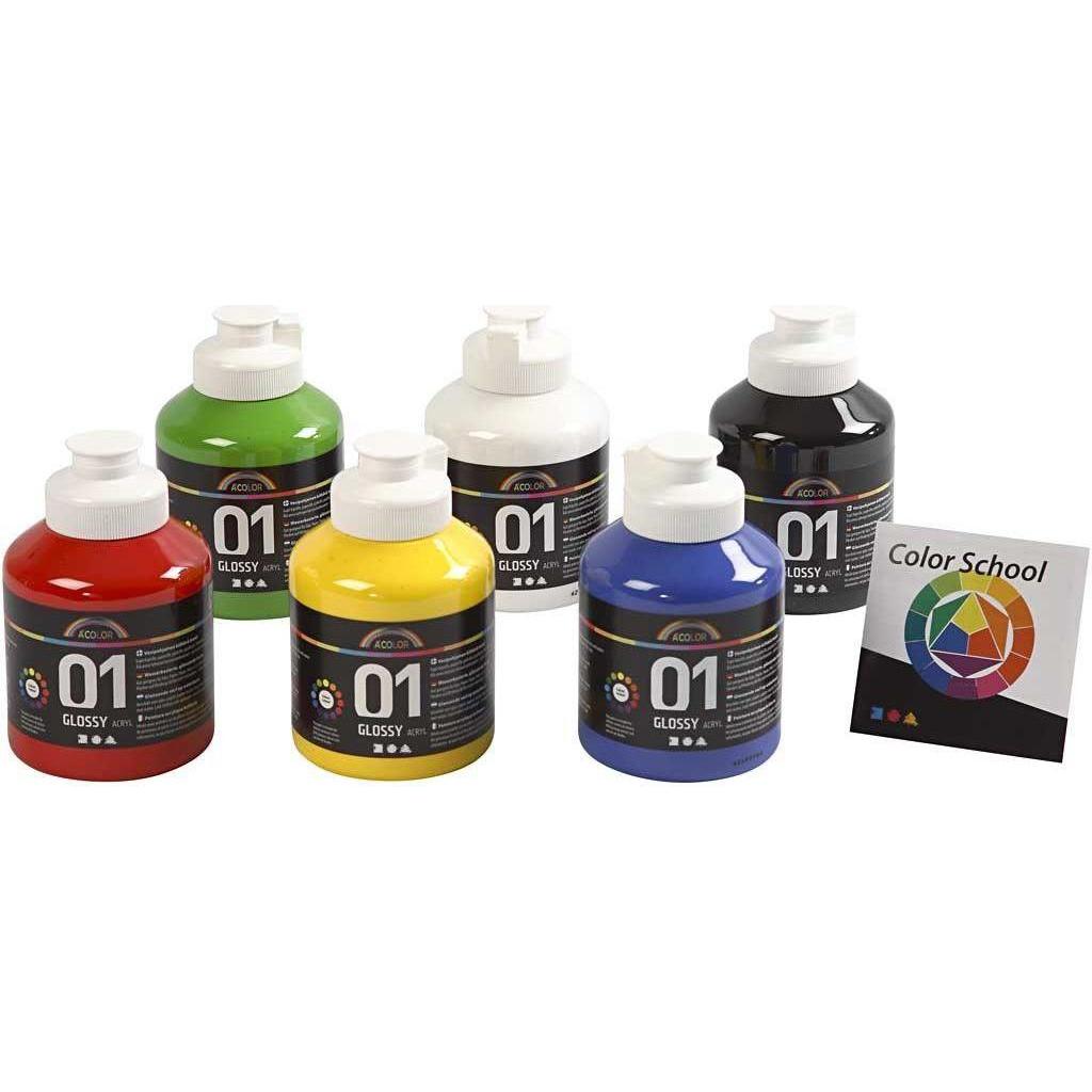 Thumbnail - Creativ Company, Künstlerfarbe + Bastelfarbe, A-Color - Acrylfarbe - Glänzend - (6 x 500 ml) (Primärfarben, 3000 ml)
