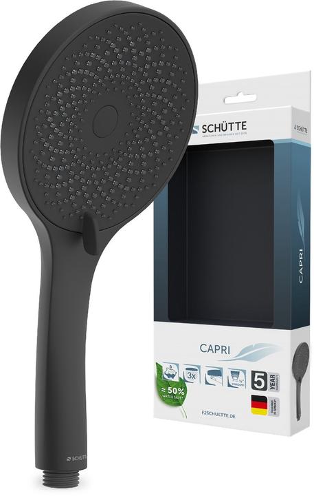 Produktbild Schütte Duschkopf Bad CAPRI Handbrause Schwarz matt Wassersparende Dichtung 60993 (3 Strahlarten, 8 l/min)