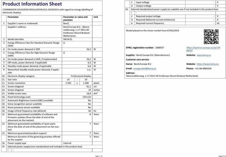 Nutritional values and ingredients BenQ PhotoVue SW242Q (2560 x 1600 pixels, 24.10")