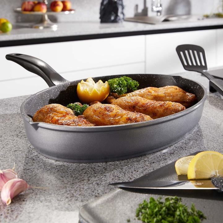 Produktbild Stoneline Fischpfanne, Schnitzelpfanne, 35x24 cm, mit Deckel, Induktion und Antihaftbeschichtung (Pfannenset + Topfset, Aluminiumguss)