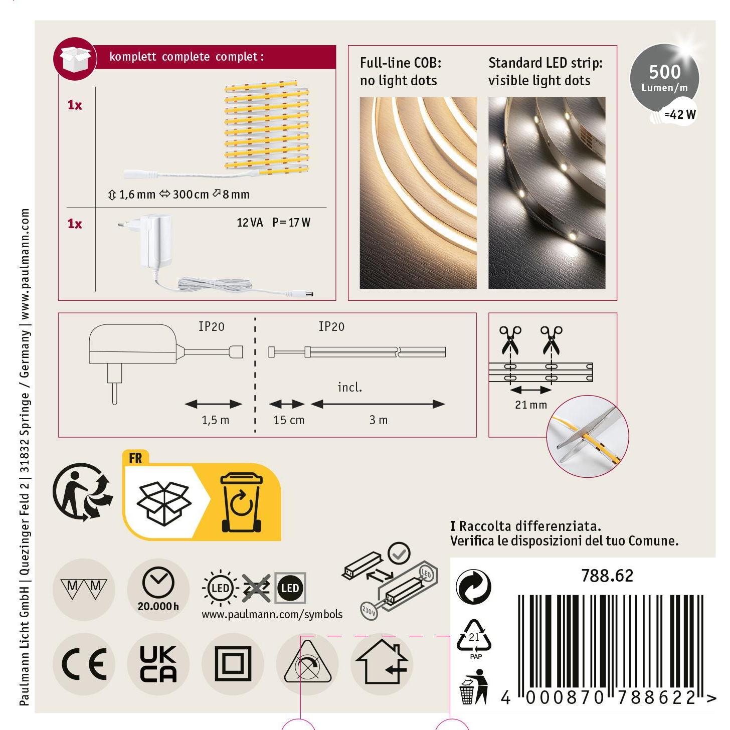 Thumbnail - Paulmann, LED Streifen, SimpLED COB Stripe Set (Warmweiss, 300 cm, Indoor)
