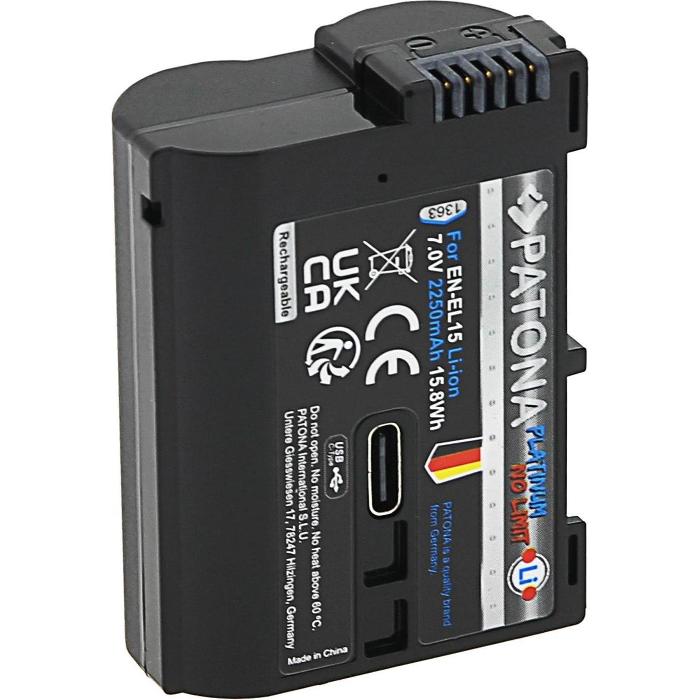Patona Batteria di platino Nikon ENEL15C USB-C (Batteria della fotocamera), Alimentatore fotocamera, Nero