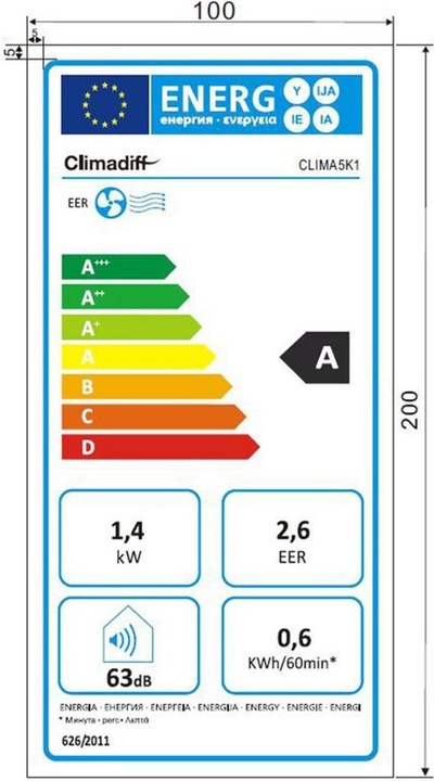 Label énergétique Climadiff Clima5K1 (14 m², 5000 BTU/h)