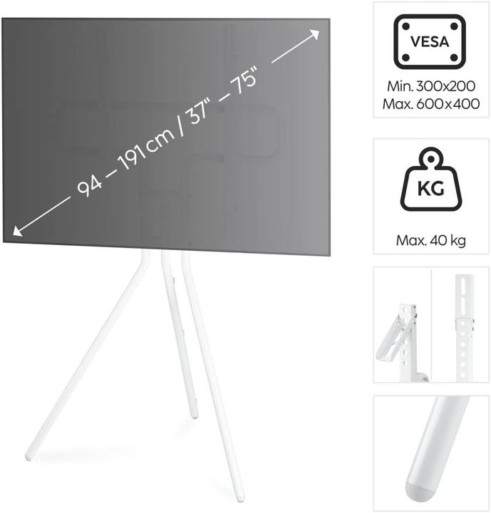 Image du produit Hama Easel Design - Support pour téléviseur - métal - blanc - Taille d'écran : 94-191 cm (40 kg, 37" - 75")