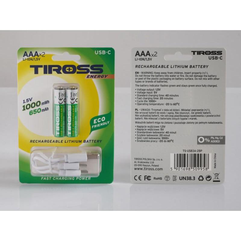 Tiross Batteria ricaricabile R03 AAA, 2 pezzi (2 pz., AAA / LR03 / Micro / R03 / AM4 / MN2400 / KR03), Batterie + pile