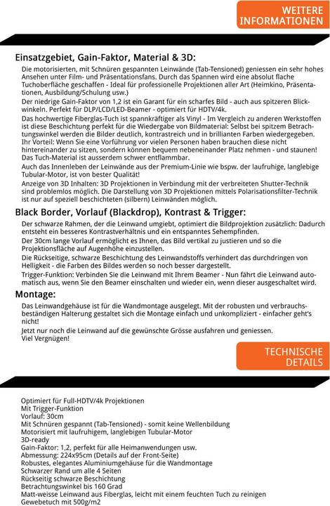 Produktbild Berling Elektrische, gespannte/tensioned Motor-Leinwand 2.35:1, 96" (224x95cm), Premium (96", 2.35:1)