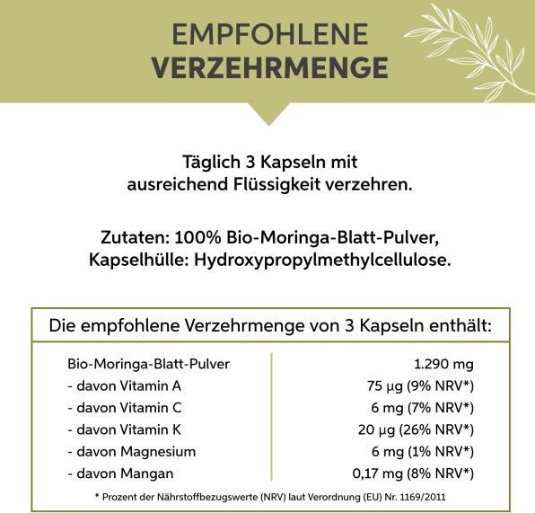 Nutritional values and ingredients Eltabia Bio Moringa Kapseln (200 Piece, Capsules)