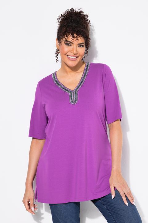 Image du produit Ulla Popken T-shirt tunique, manches courtes, large liseré fantaisie tout autour du décolleté (54)