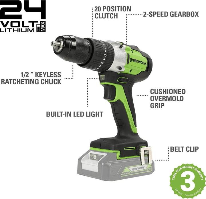 Produktbild Greenworks GD24DD60 cordless screwdriver / drill (Akkubetrieb)