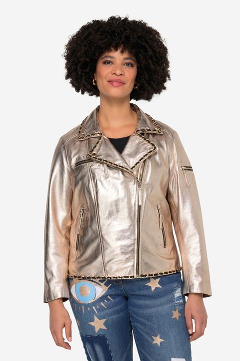 Actual product image Angel of Style Embroidered Back Leather Biker Jacket in Real Leather with Golden Coating (52)