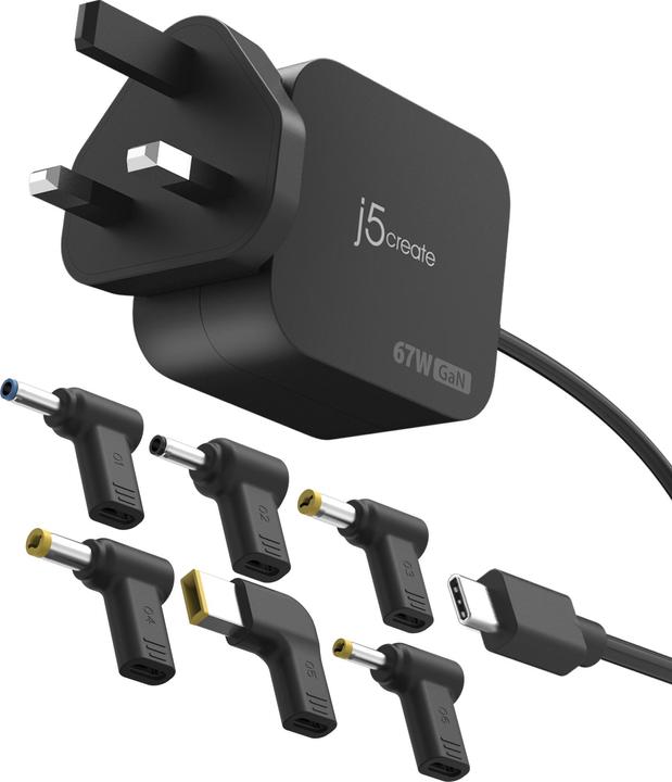 Actual product image j5Create JUP1565DC 67W GaN PD USB-C® Mini Charger with 6 Types of DC Connector-UK, Black, Indoor, AC (67 W)