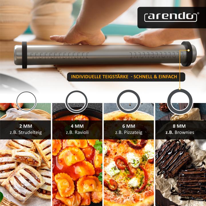 Produktbild Arendo Nudelholz / Nudelrolle Edelstahl, Silikonringen, aufgedruckte Skala, Korrosionsbeständig, hygienisch