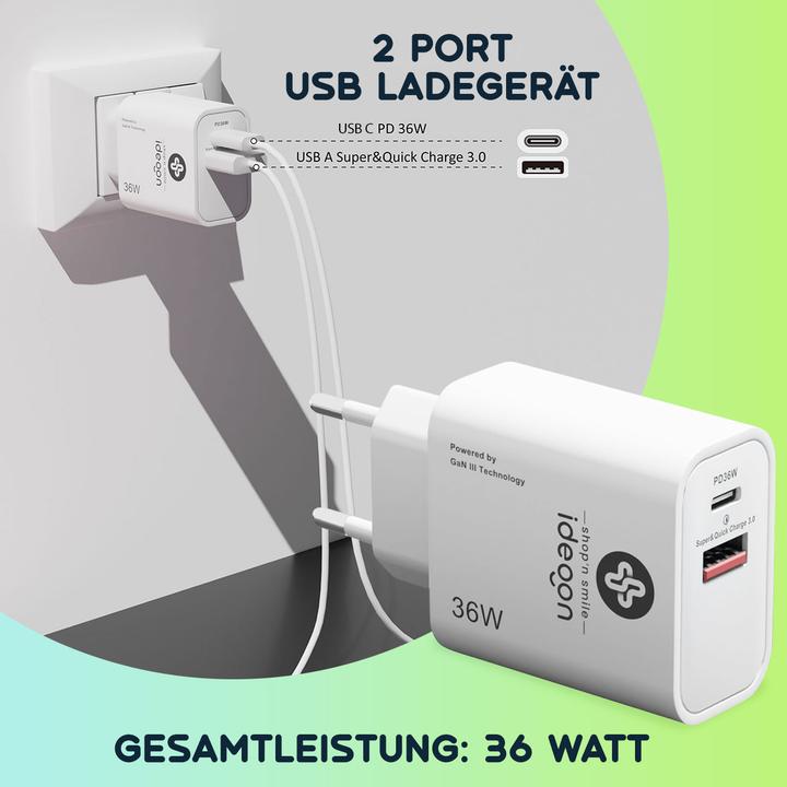 Produktbild Ideoon Dual 36Watt USB Ladegerät, 1xx USB-C und USB-A, PD- & QC-Netzteil, GaN III, weiss (36 W, 2 Ports)