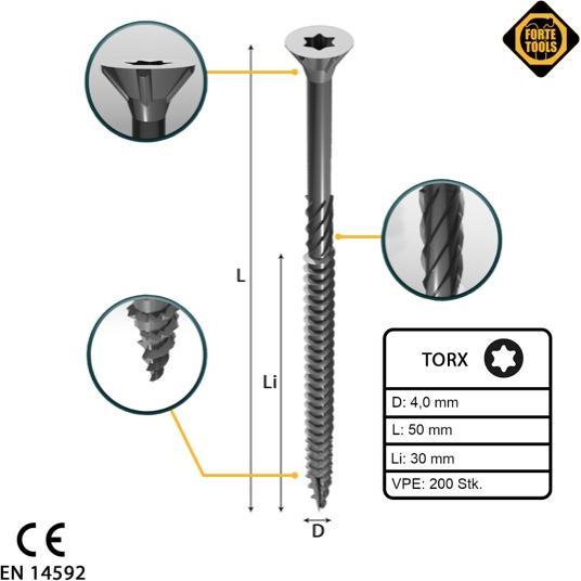 Actual product image Forte tools CHIPBOARD SCR T20 4.0X50/30 WHITE ZN(200 (200 Screws per piece)