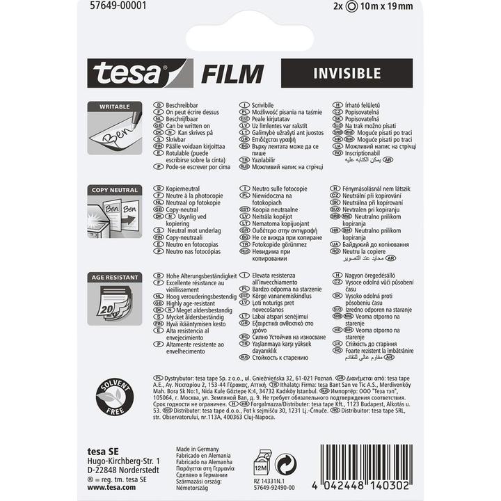 Produktbild tesa 2x tesafilm INVISIBLE, matt-unsichtbar, alterungsbeständig und reissfest (19 mm)