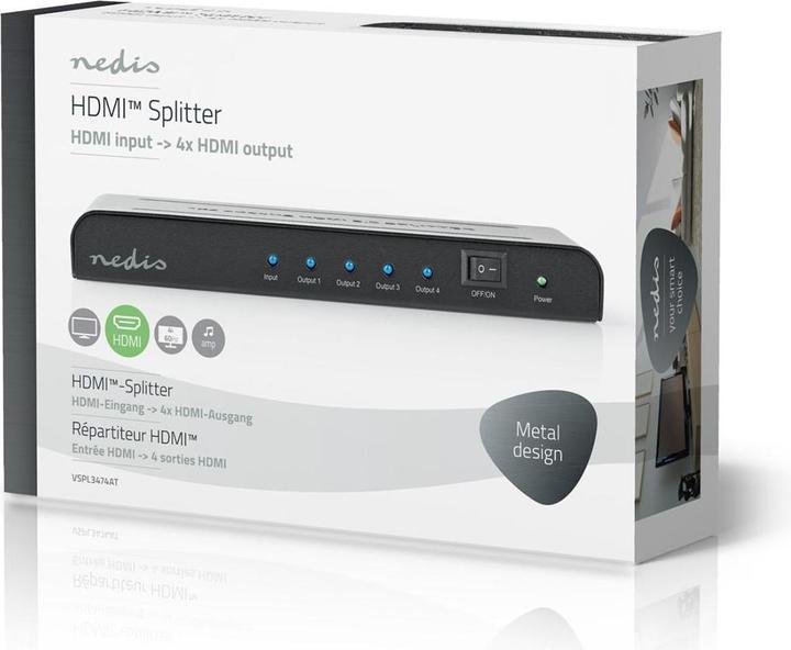Actual product image Nedis VSPL3474AT. Video port type: HDMI, User output: 4x HDMI. Product colour: Black, HD type: 4K Ultra