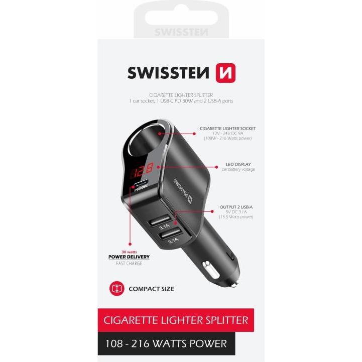 Swissten Auto Lādētājs 1x USB-C PD / 2x USB-A / CL / LED, Adattatore per auto, Nero