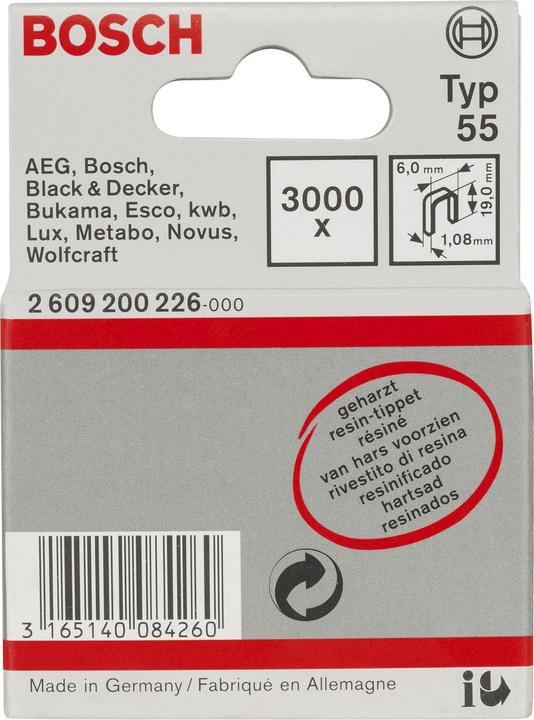Produktbild Bosch Professional Zubehör Schmalrückenklammer Typ 55, geharzt 6 x 1,08 x 19 mm, 3000er-Pack