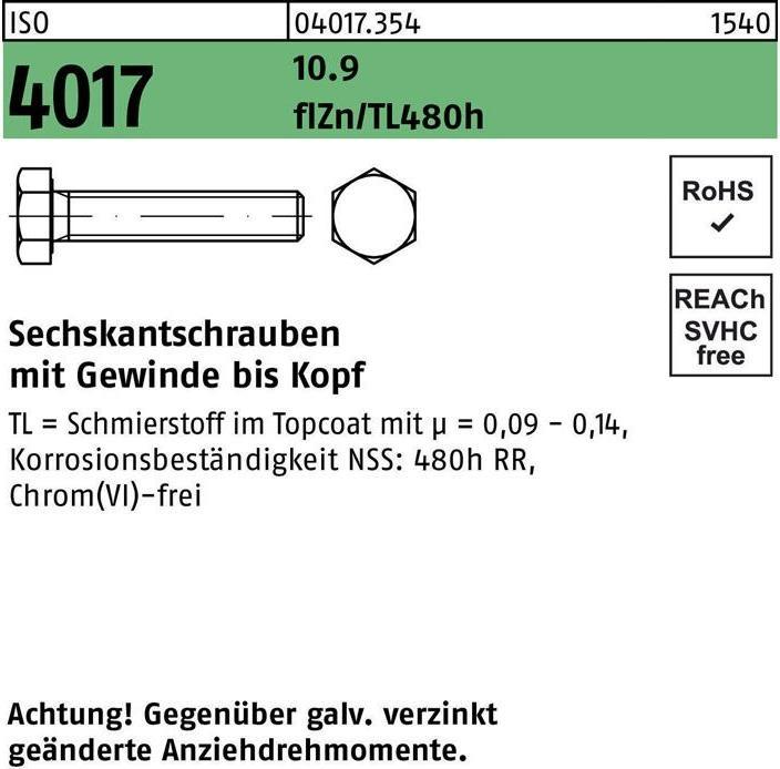Produktbild Bufab Sechskantschraube ISO 4017 VG M 20 x 60 10.9 zinkbesch Gleitmittel flZnnc 480h-L (25 Schrauben pro Stück)