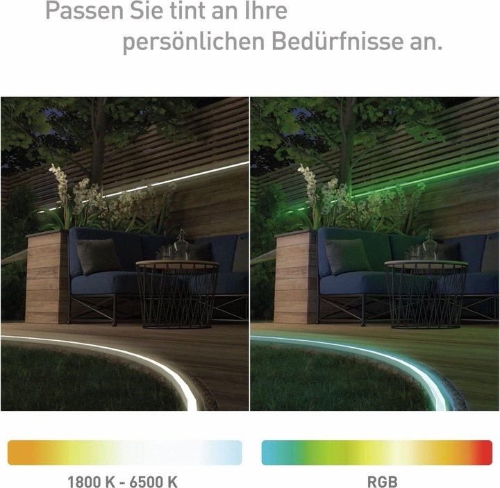 Productafbeelding Müller Licht Outdoor LED-Strip wit + kleur 36W 1200 lm 1800- 6500 K + RGB warmwit daglicht (Warm wit, 500 cm, Buiten)