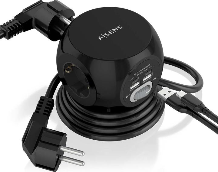 Produktbild Aisens REGLETA ENCHUFES 3 TOMAS 2XUSB-C, 2XUSB-A 1.4M NEGRO (1.40 m, CEE 7/3)