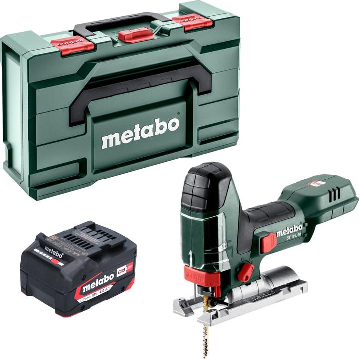1x Metabo ST 18 L 90 cordless jigsaw, 1x Metabo Li-Power battery pack 18 V 4.0 Ah, 1x Metabox 145 L, 1x dust extraction nozzle, 1x protective glass, 1x chip guard plate, 2x jigsaw blade, 1x hexagon spanner