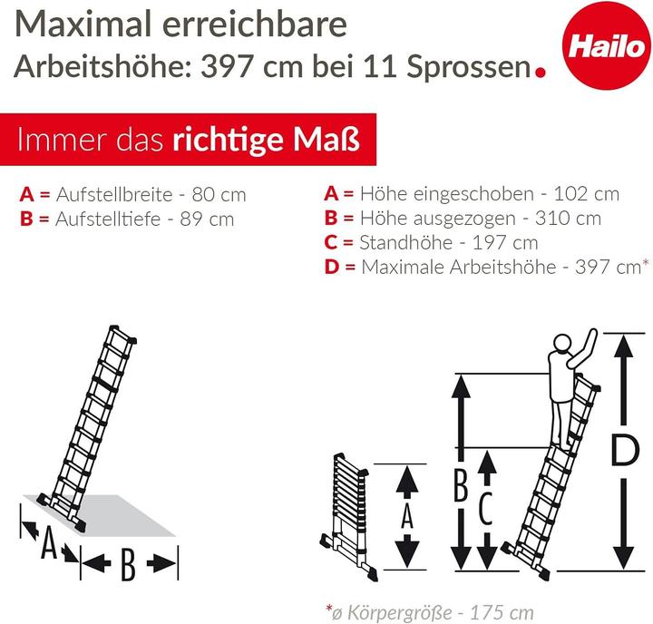 Image du produit Hailo FlexLine, échelle télescopique de sécurité en aluminium, 13nombre de barreaux (Échelle simple, 380 cm)