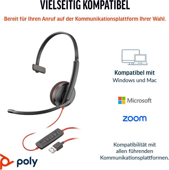 Image du produit Poly Blackwire 3210 Casque monaural USB-C + Adaptateur USB-C/A (Filaire, USB-C)