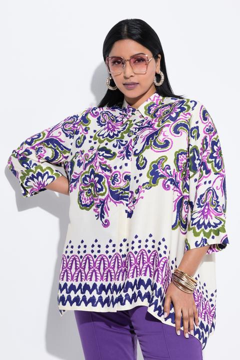 Immagine prodotto Ulla Popken Blusa dal taglio svasato con Paisley, colletto da camicia e maniche a 3/4 (54)