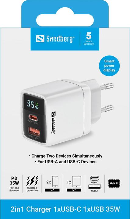 Image du produit Sandberg Chargeur 2en1 1xUSB-C 1xUSB 35W (35 W, 2 ports)