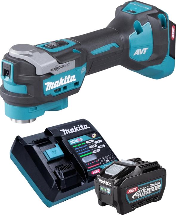 1x Makita TM 001 GZ Akku Multifunktionswerkzeug, 1x Makita BL 4050 F 40 V max. 5,0 Ah, 5000 mAh Li-Ion Akku, 1x Makita DC 40 RA 40 V Schnell Ladegerät
