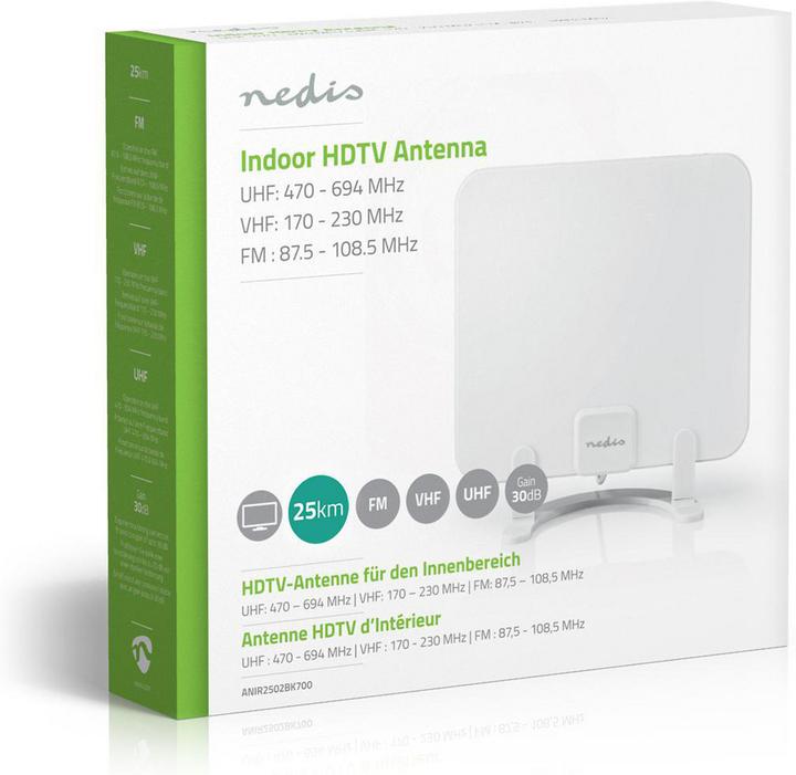 Produktbild Nedis Innenantenne Aktiv FM/UHF/VHF Empfangsbereich: 0-25 km LTE700 Verstärkung dBi (bei Antennenkab (Zimmerantenne, 30 dB, UKW / MW / LW, DAB/ DAB+, DVB-T / -T2)