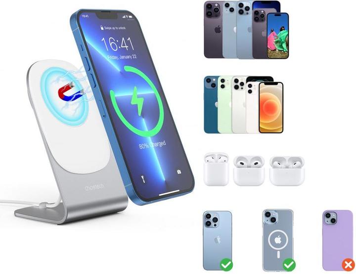 Produktbild Choetech 15W Qi wireless inductive charger with MagSafe white (H046+T518-F) (15 W)