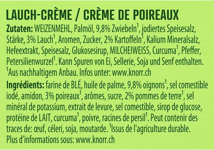 Nutritional values and ingredients Knorr Leek cream soup bag, creamy soup with fine pieces of leek