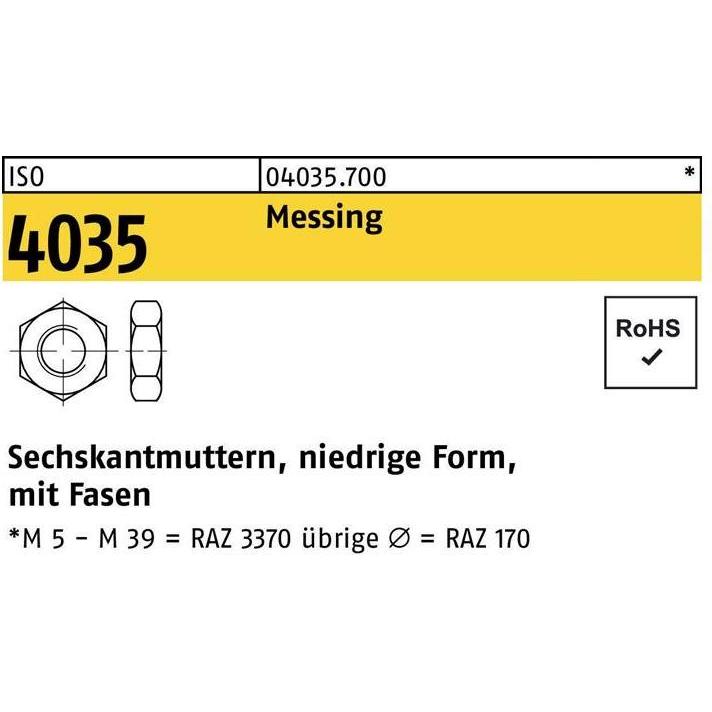Muttern + Unterlegscheiben, Sechskantmutter DIN 439 Form B BM 3 Messing (M3)