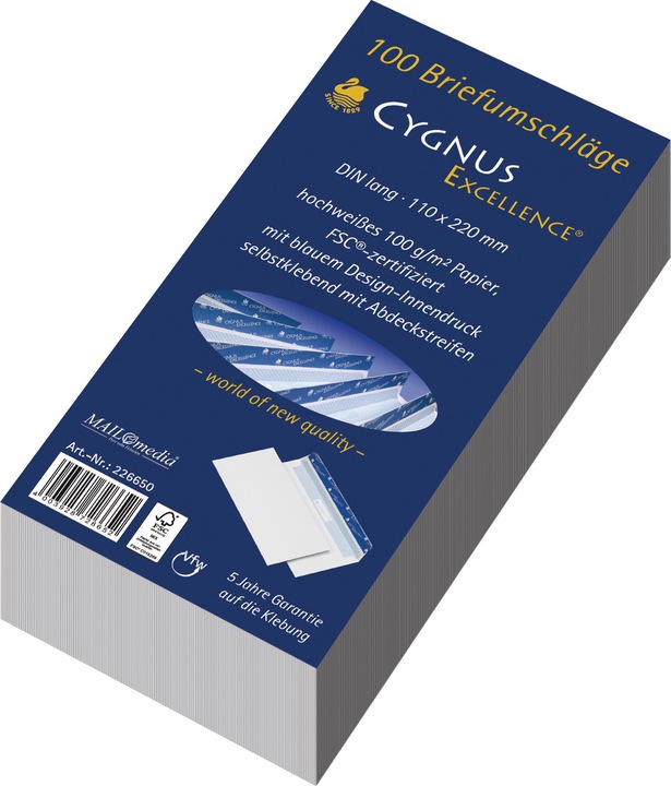 Actual product image Elepa Envelope CYGNUS EXCELLENCE®, DIN long, white, with internal design print, 100 pcs, without window (DL, 100 x)
