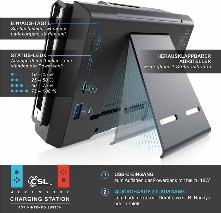 Image du produit CSL Boîtier de batterie Nintendo Switch 10000mAh, powerbank pour manette avec grips Joy-Con, chargeur (Switch)