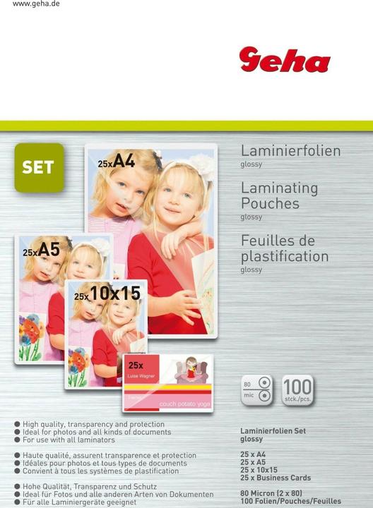 Geha Jeu de feuilles de plastification (A4, A5, A6, A7, 100 pièce(s), 80 µm)