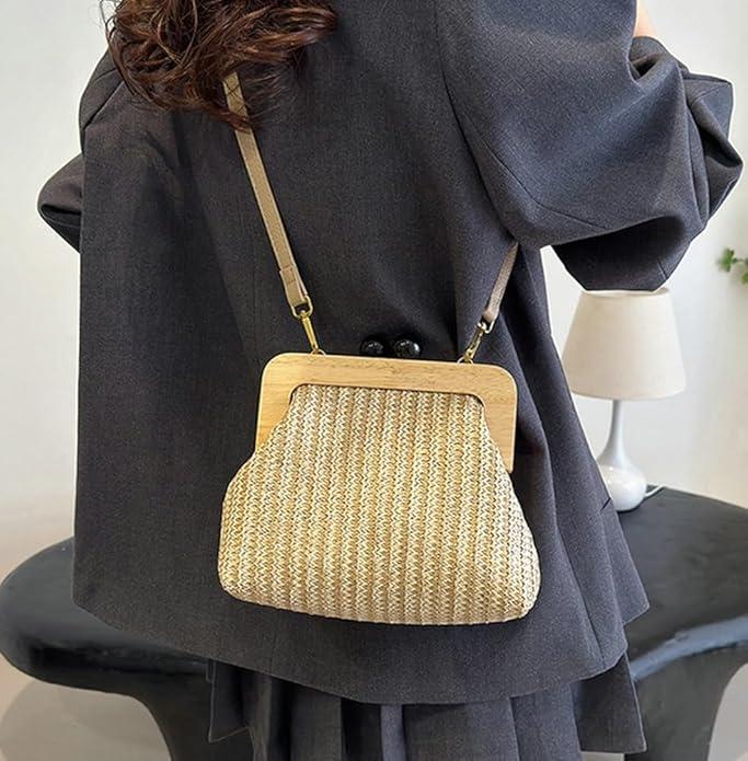 Actual product image Only-Bags.Store Vintage woven crossbody bag, colourful striped shell clutch, wooden snap fastener