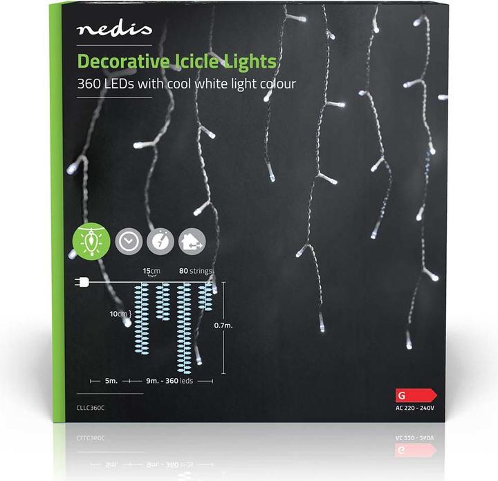 Produktbild Nedis Dekorative Eiszapfenlichter | 360 LED's | Kaltweiss | 9 m | Lichteffekte: 7 | Netzstromversorg (14 m)