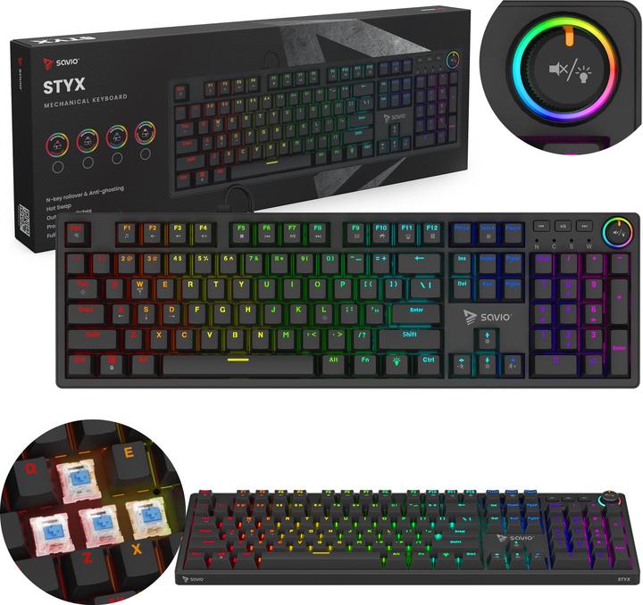 Actual product image Savio STYX Outemu Blue Hot Swap RGB Tastatur Gaming (Eng. Int., Cable)